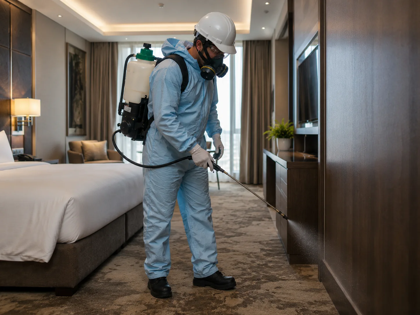 Otel odasında ilaçlama yapan uzman